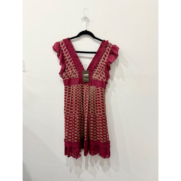 Development by Erica Davies Silk Ruffle Trim Deep V-Neck Mini Burgundy/Tan 2 - Picture 1 of 4